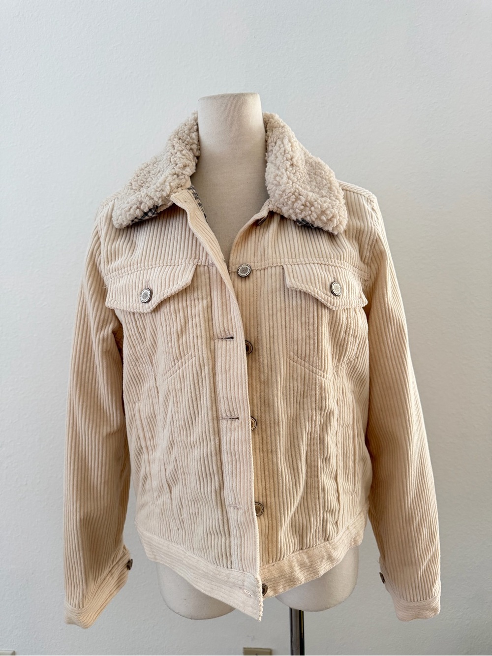 Mango Cream Corduroy Sherpa Collar Trucker Jacket Plaid Lined Size Small